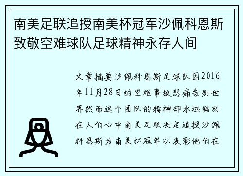 南美足联追授南美杯冠军沙佩科恩斯致敬空难球队足球精神永存人间 南美足联追授南美杯冠军沙佩科恩斯致敬空难球队足球精神永存人间