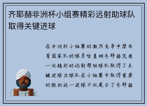 齐耶赫非洲杯小组赛精彩远射助球队取得关键进球